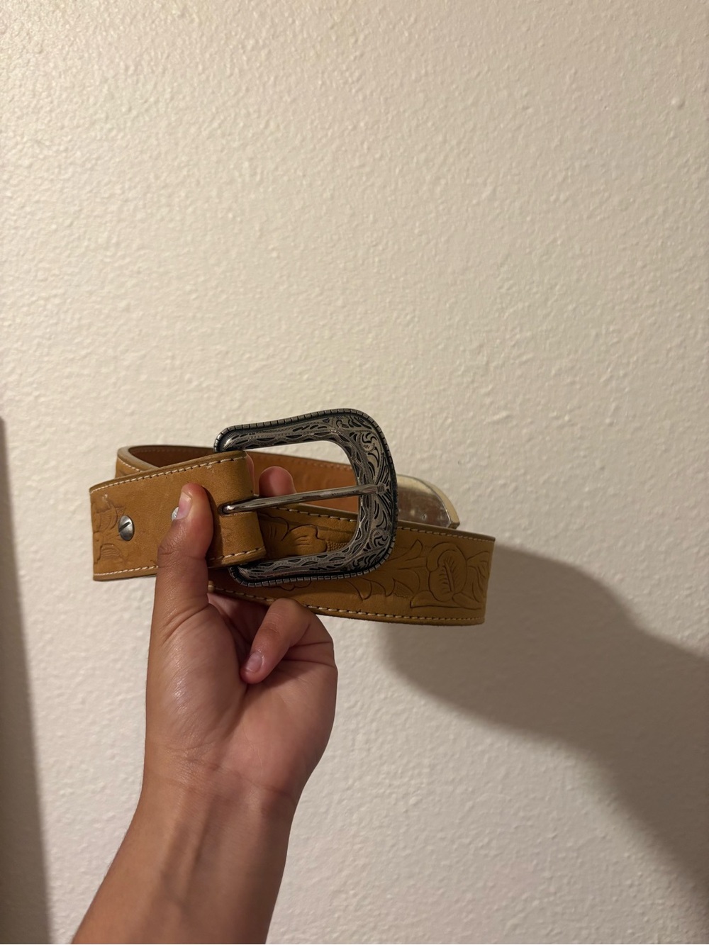 Tooled Tan Leather Western Belt with Decorative Silver Buckle